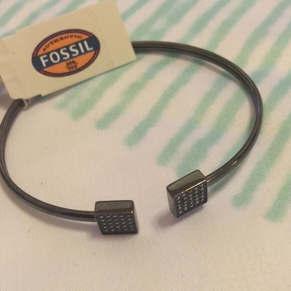 Fossil NWT Square Flex Cuff Bracelet Smoke Crystals Dark Silver-Tone Stainless - Picture 3 of 3